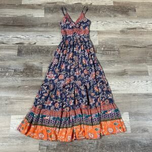 Angie Boho Maxi Dress Navy Floral Print Tiered Skirt Tie Front Festival S